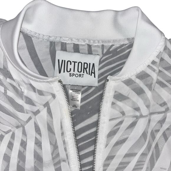 VICTORIA Secret Gauzy White Sport Zip Up Palm Leaf Pattern Long Sleeve Top Large - Picture 2 of 6